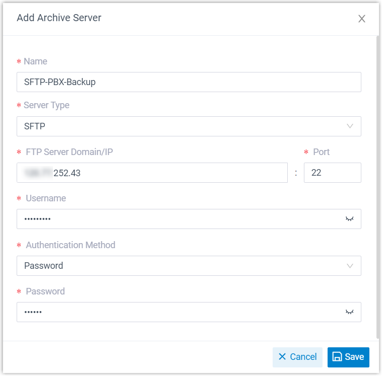 Dialog for entering SFTP archive server connection details