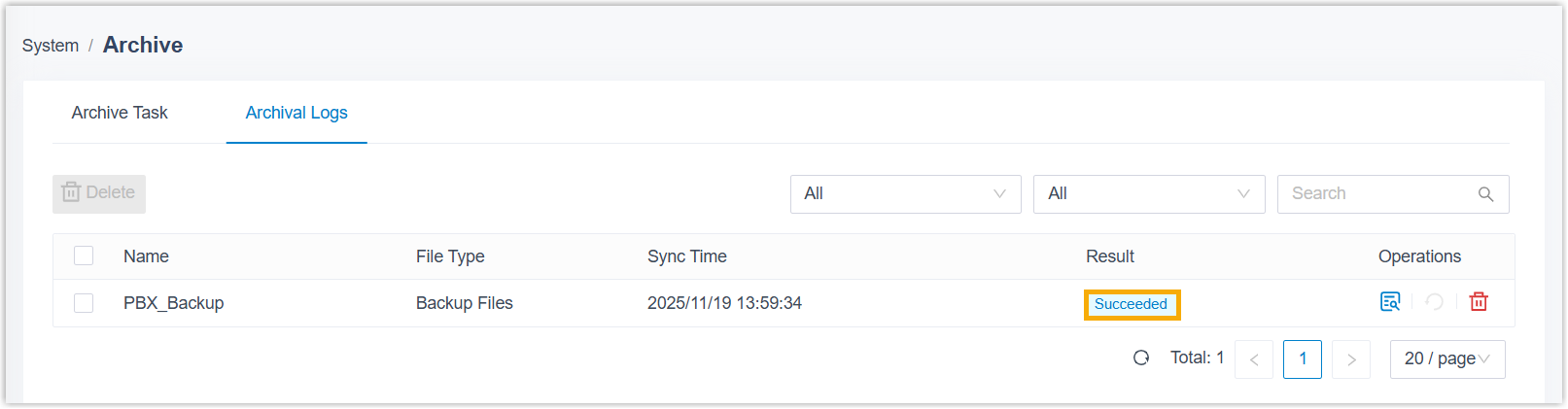 The Archival Logs list showing task results
