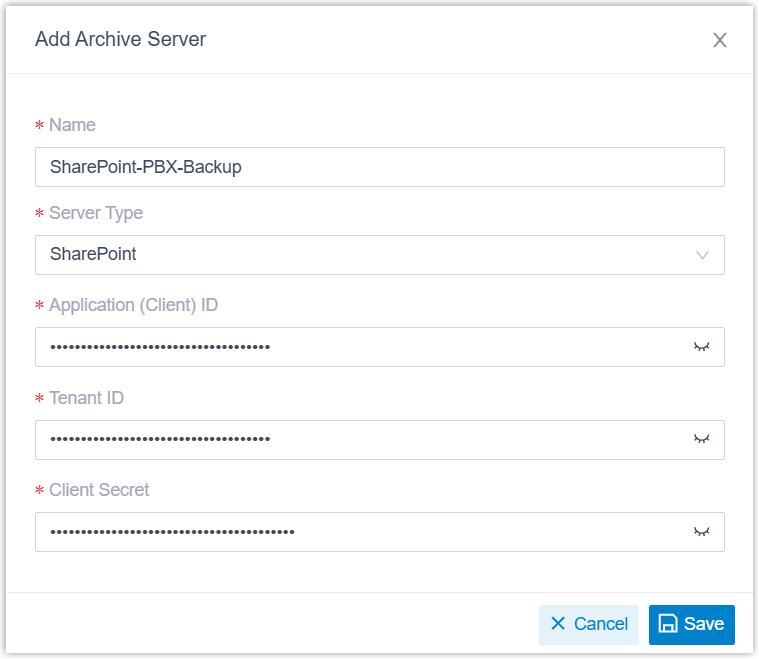 The archive server configuration window with SharePoint credential fields