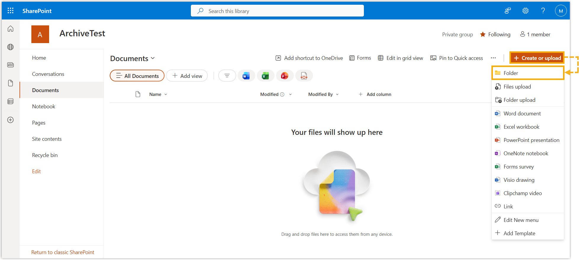 The Create or Upload menu with the Folder option in a SharePoint document library