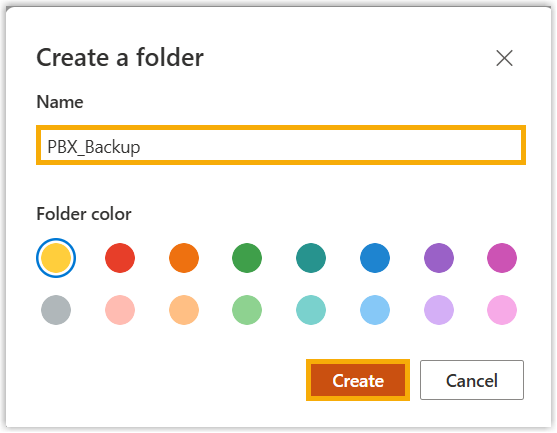 Naming the new folder in the Create a folder panel