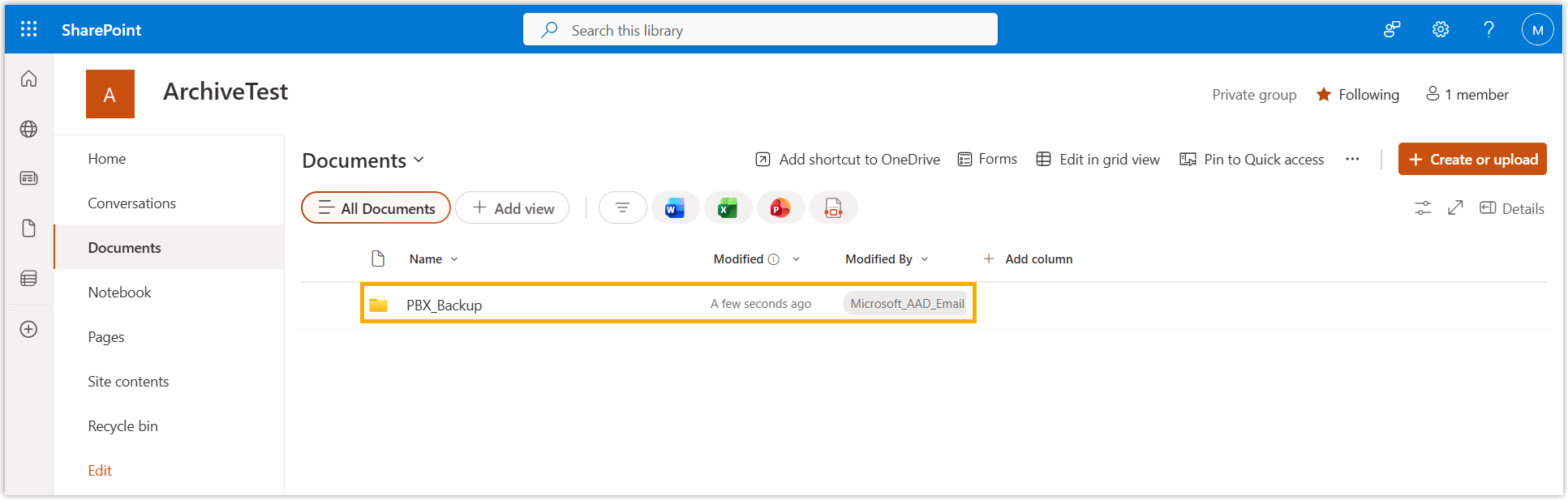 The new folder shown in the SharePoint document library list