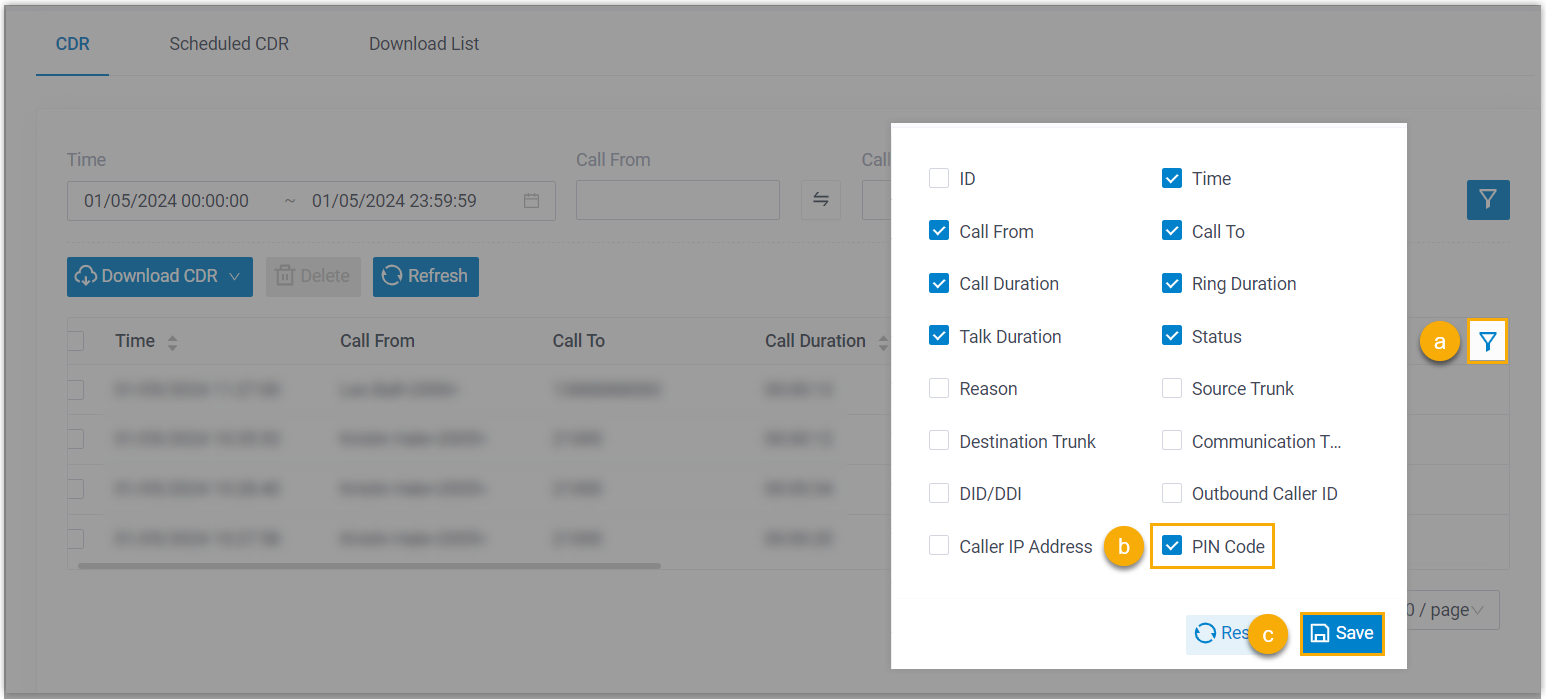 Enabling the PIN Code column in the CDR display settings