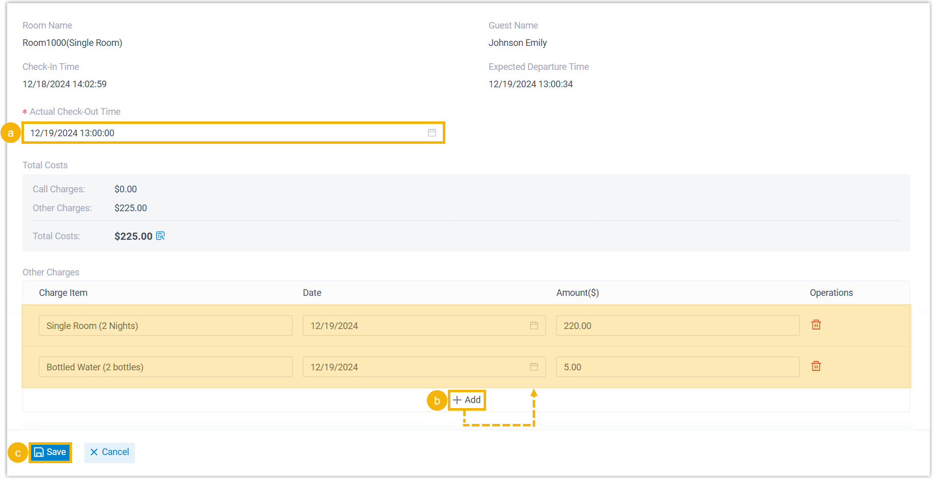 Check-out dialog showing the actual check-out time and the section for additional charges