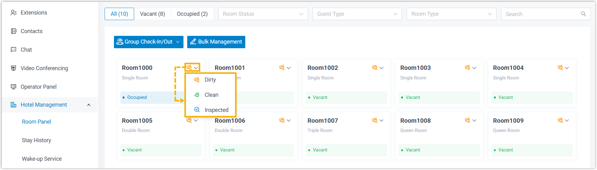 A single room tile with the status icon open and status options listed