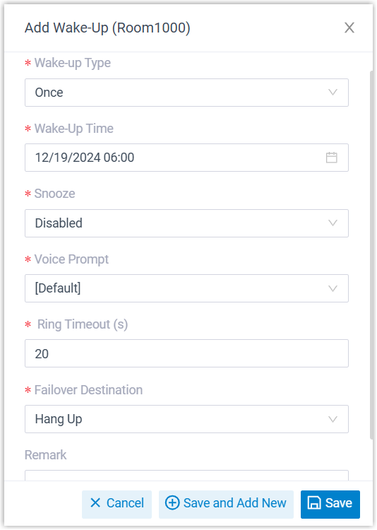 Wake-up call settings for a room