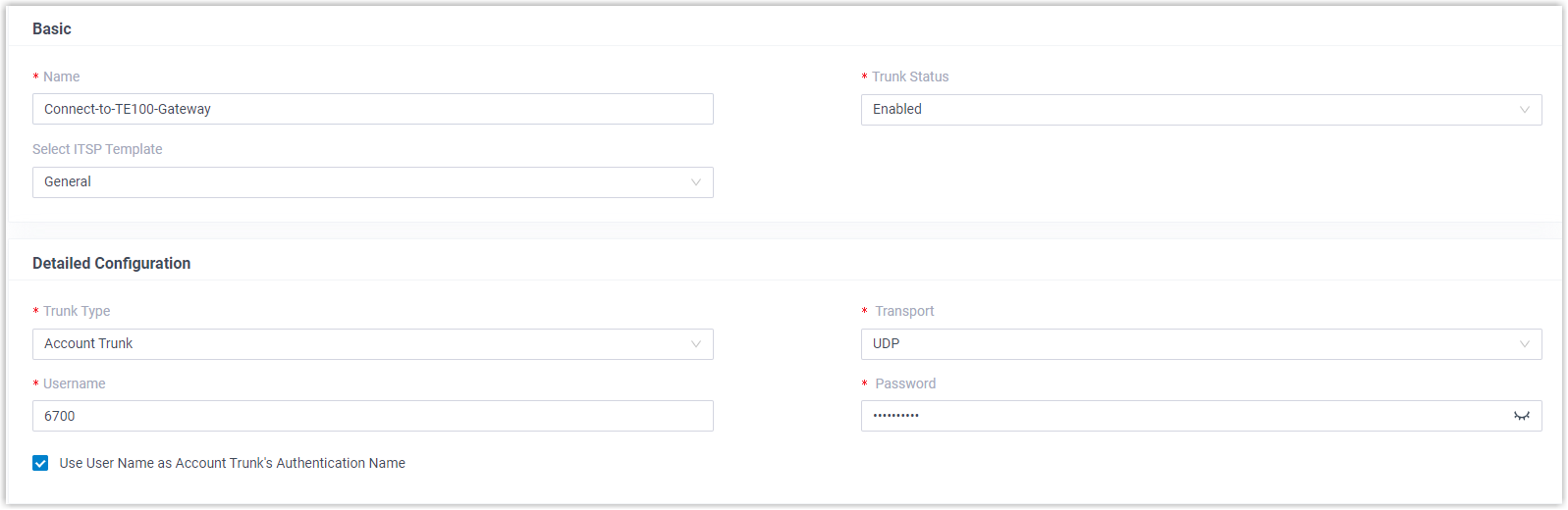 Cloud Voice account trunk configured to accept a registration from the TE100 gateway