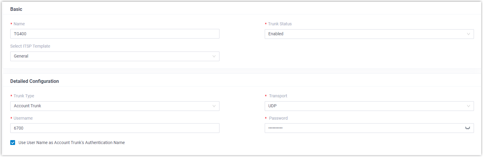 Account trunk form with the trunk type, transport, and credential fields filled in