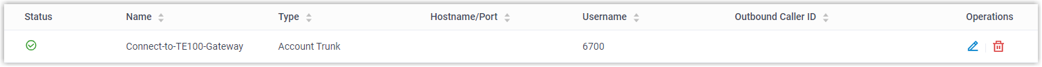 Cloud Voice trunk list showing the TE100 account trunk as connected