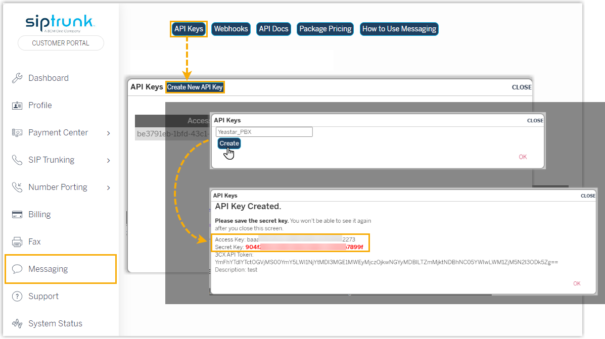 SIPTRUNK API key screen listing the access key and secret key