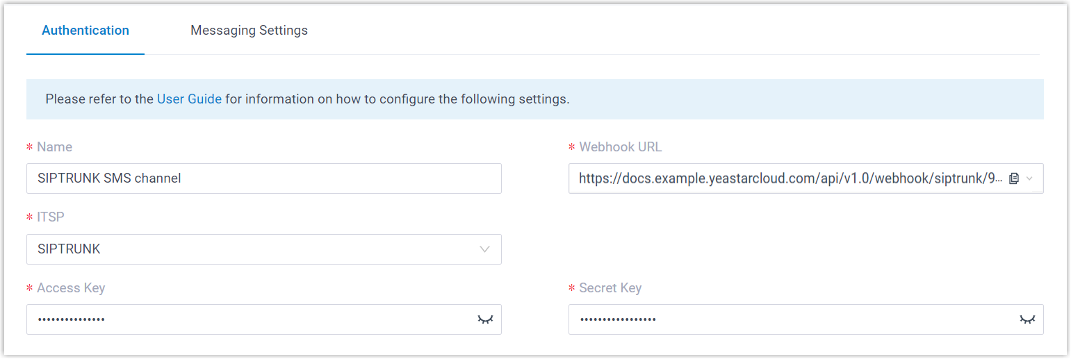 Cloud Voice, Authentication tab for entering the SIPTRUNK access key and secret key