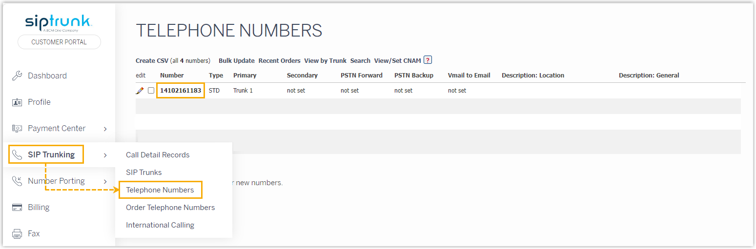 SIPTRUNK portal showing the DID number to use for messaging
