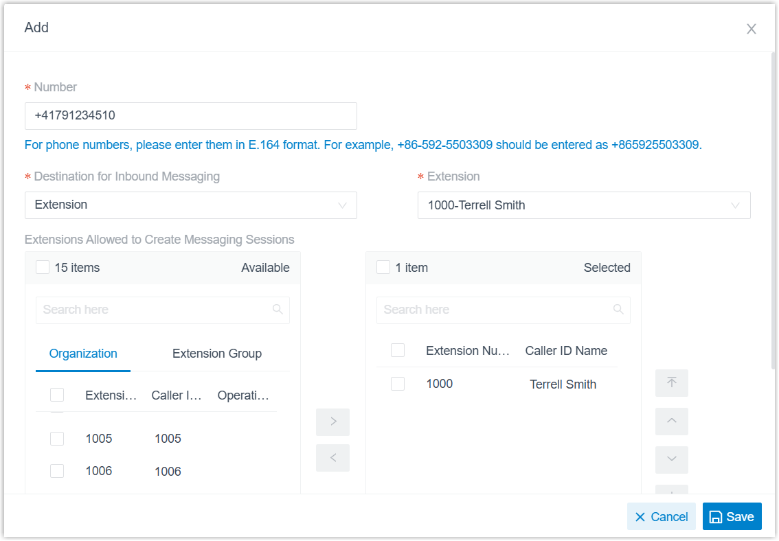 Message routing rule form with fields for the number and inbound destination