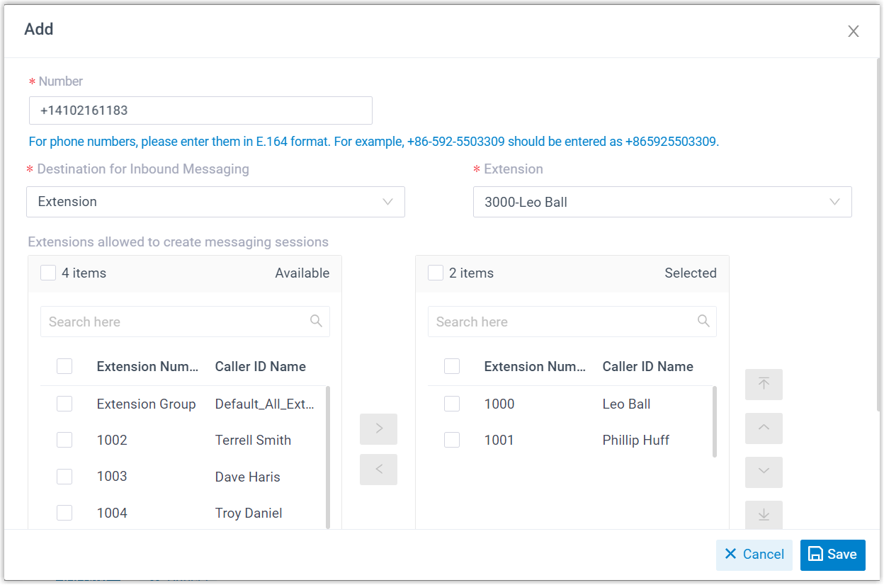 The message routing rule dialog with a number field and inbound destination options