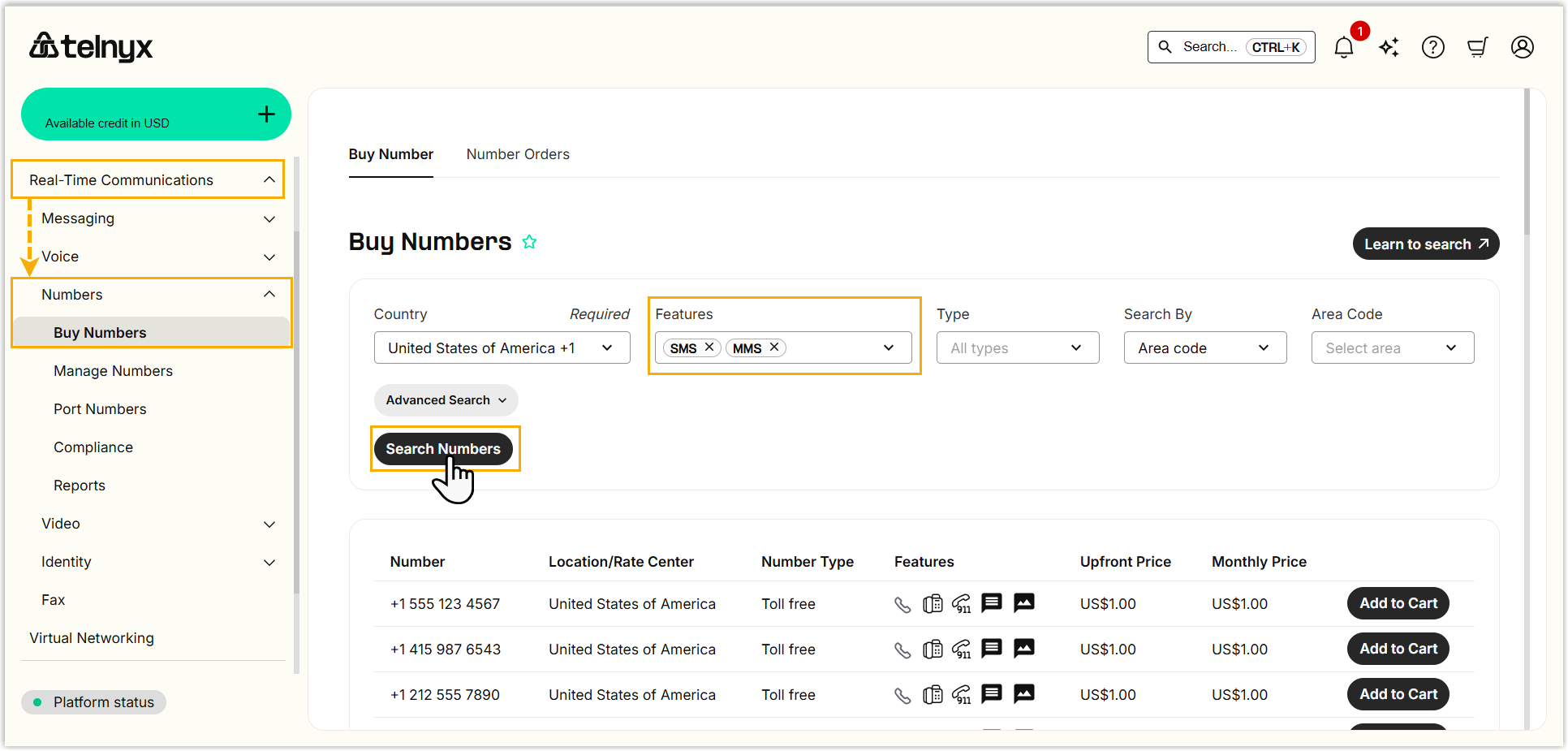 Telnyx portal search results for purchasing a DID number with SMS capability