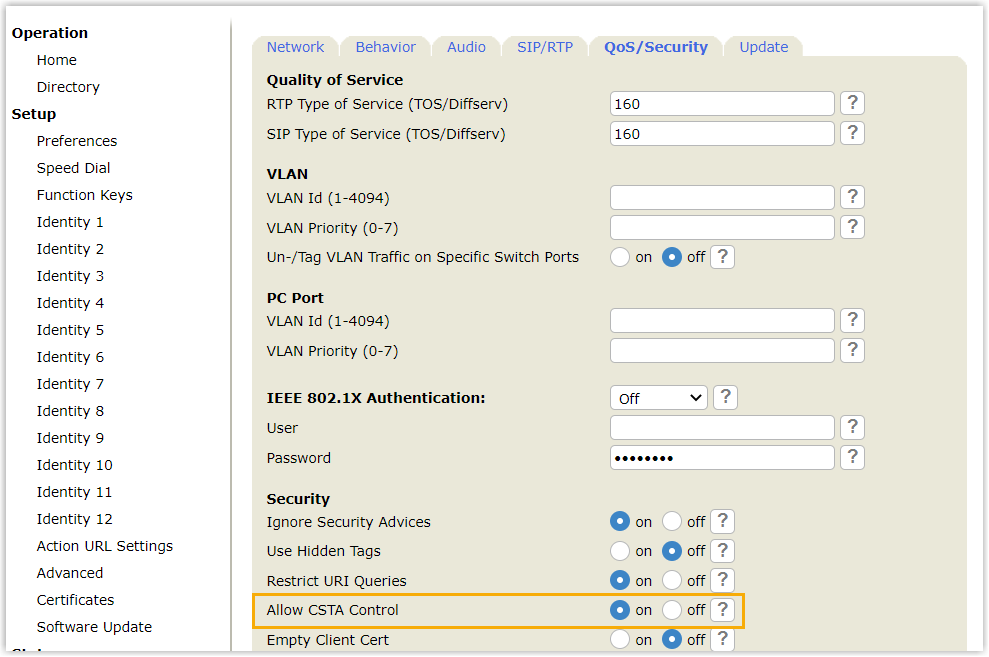 Snom web interface Security settings with Allow CSTA Control enabled