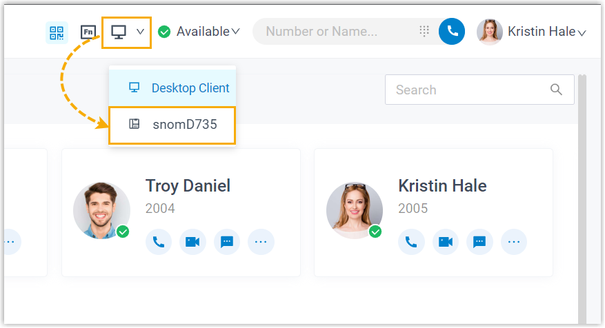 CTI mode drop-down showing the connected Snom phone selected