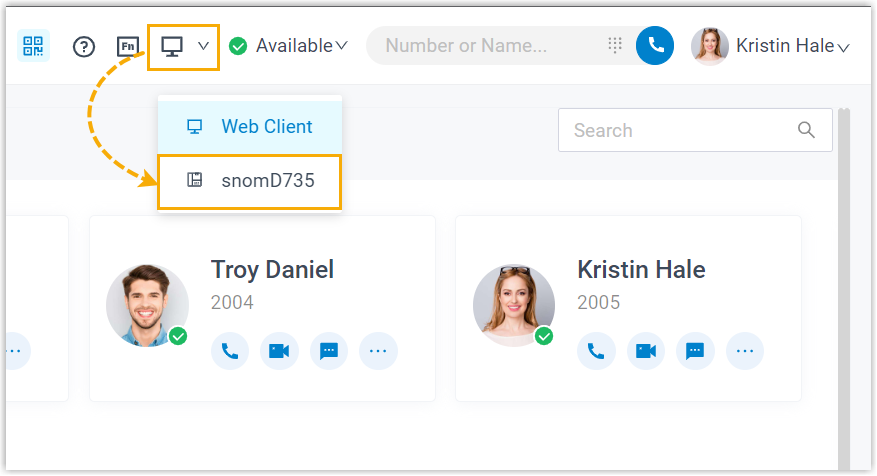 Drop-down list for selecting a connected Snom phone to control in CTI mode