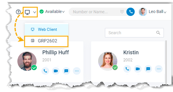 Selecting an IP phone from the CTI mode drop-down in the web client
