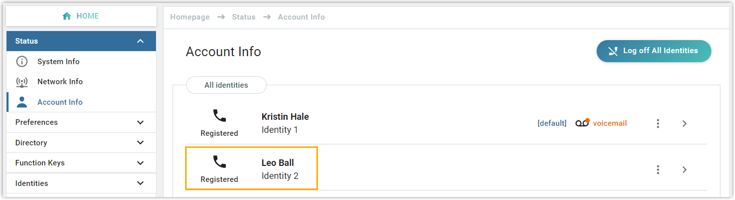 Snom account info page showing the extension registered