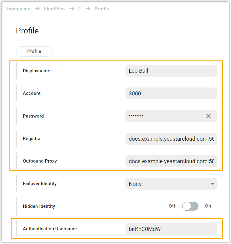 Cloud Voice, Snom identity profile filled in with extension details