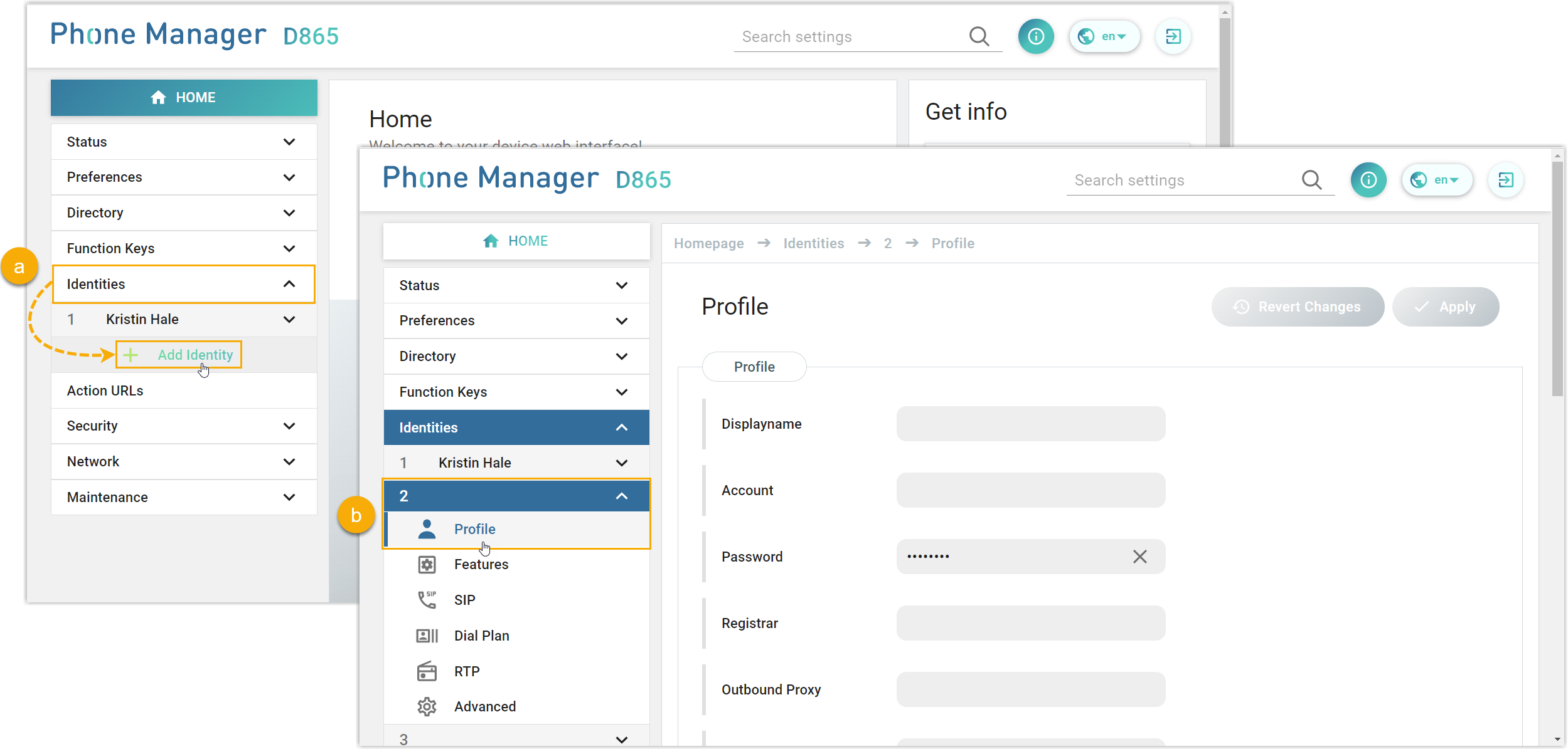 Adding a new identity in the Snom web interface
