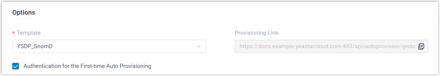 Cloud Voice, provisioning options with template, provisioning link, and first-time authentication settings