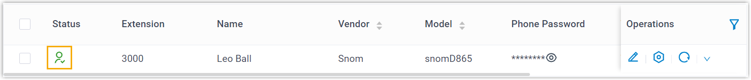 Phones list showing the Snom device with its extension registered