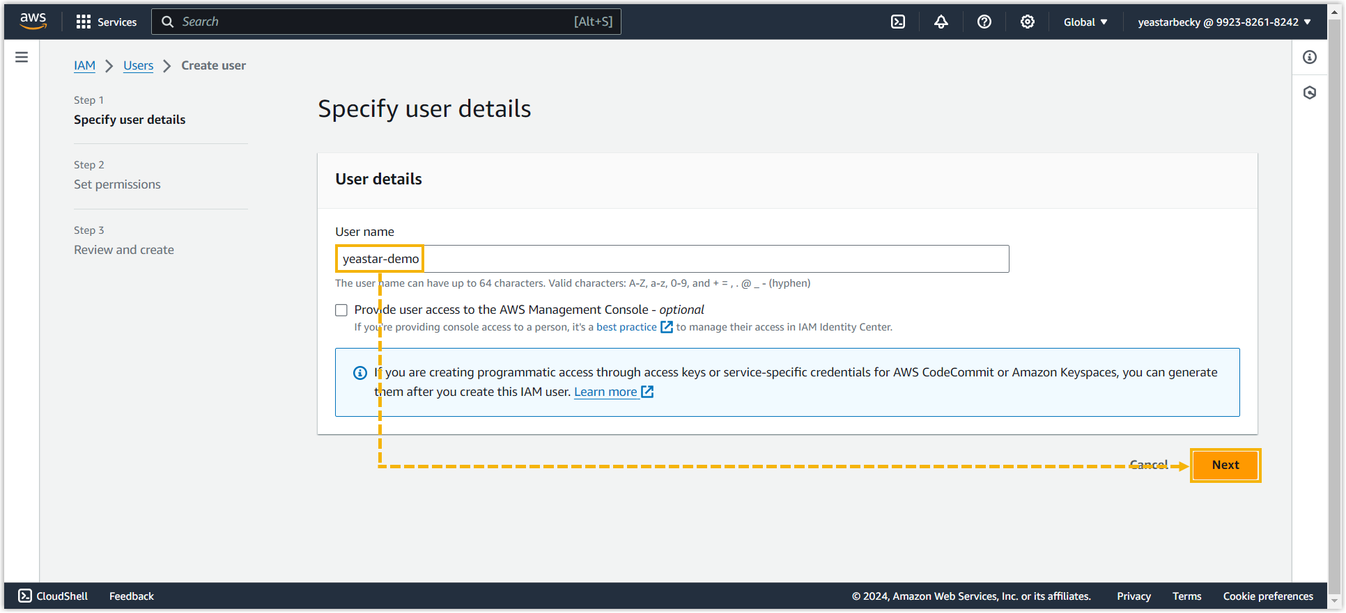 Cloud Voice, entering a user name on the Specify user details page
