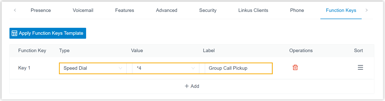 Cloud Voice, a Speed Dial function key set to the group pickup feature code