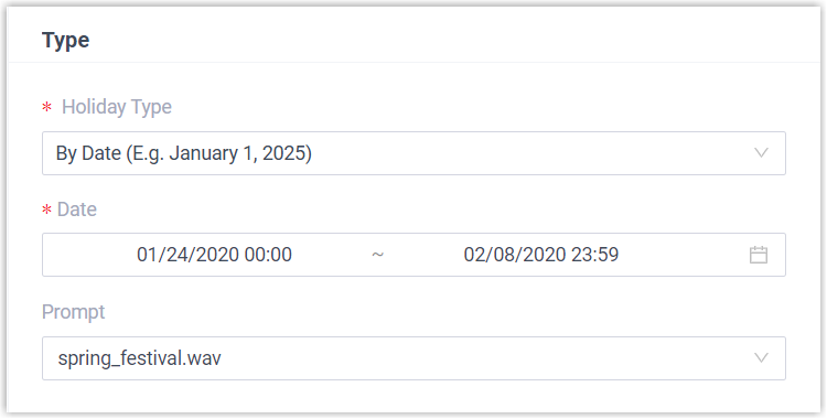 Holiday configured by date with a start and end date
