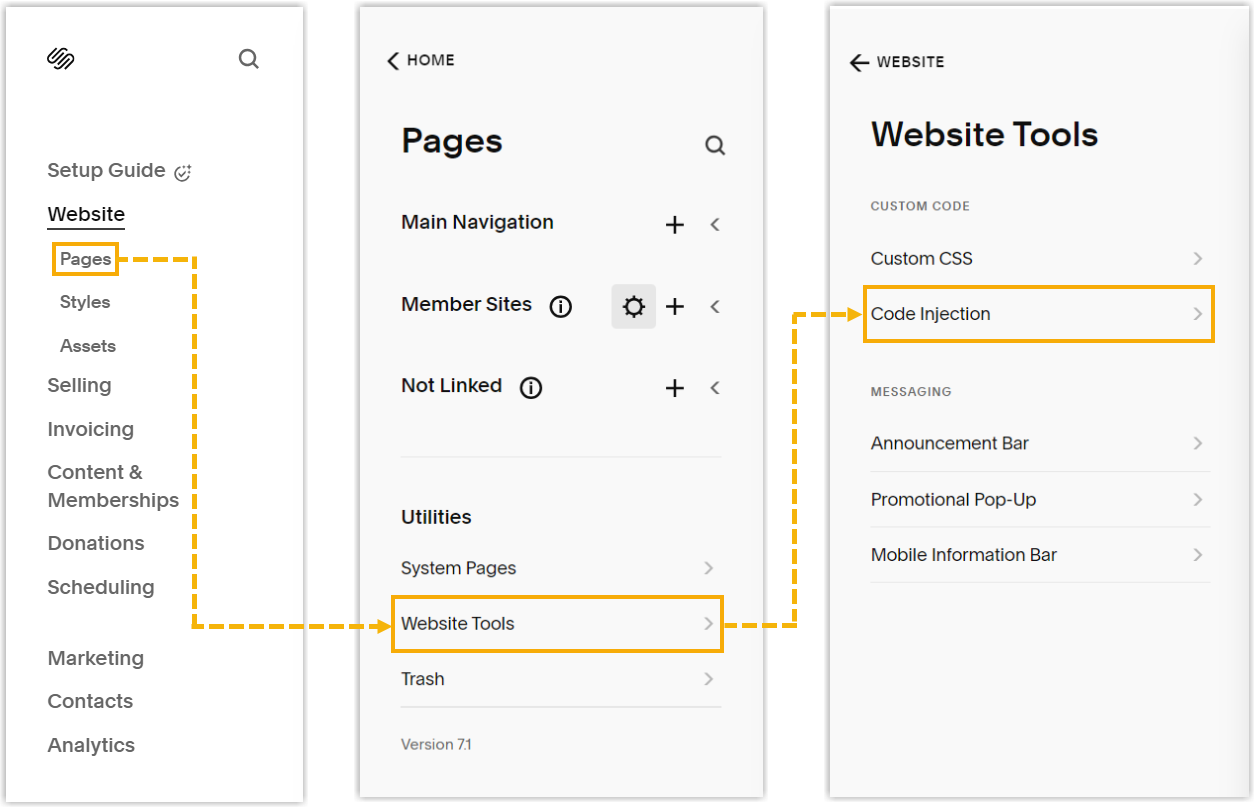 Path to the Code Injection settings in the Squarespace navigation menu