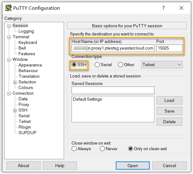 Cloud Voice, PuTTY session settings with the SSH address and port entered