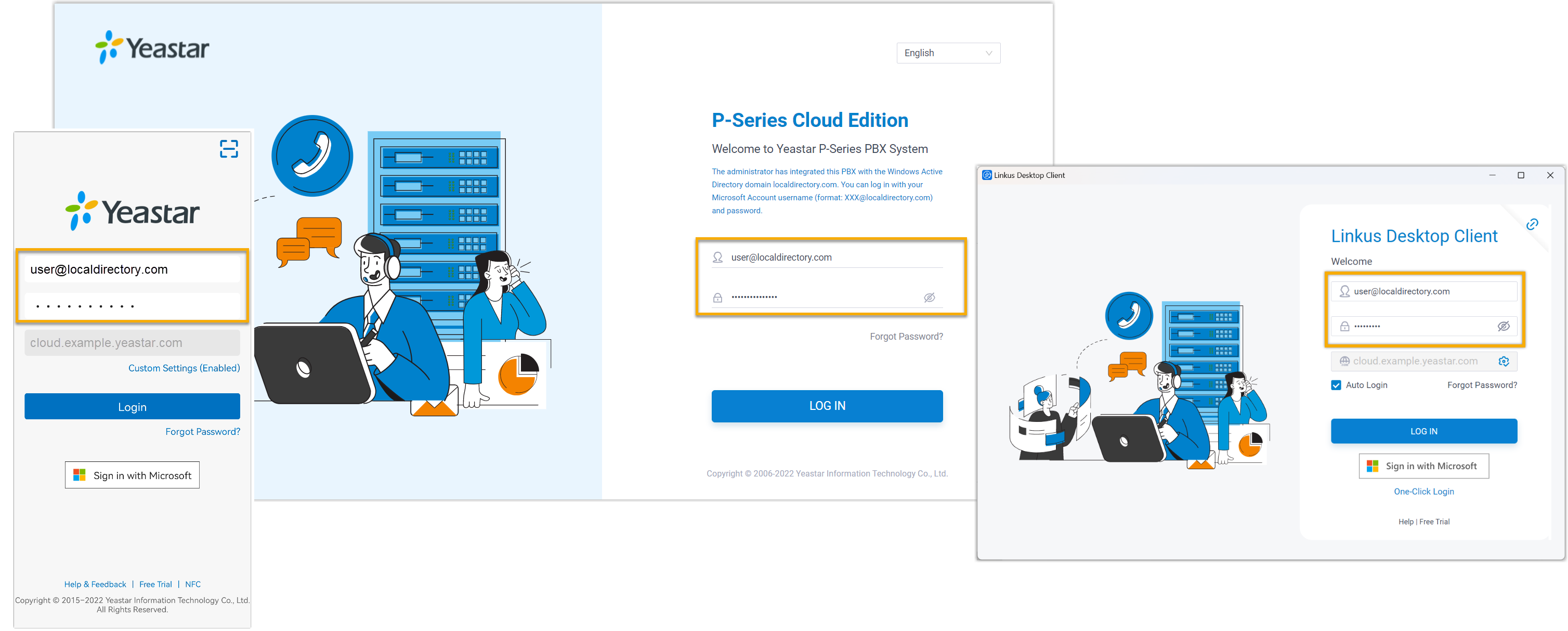 Cloud Voice, the app sign-in screen with AD domain credentials entered