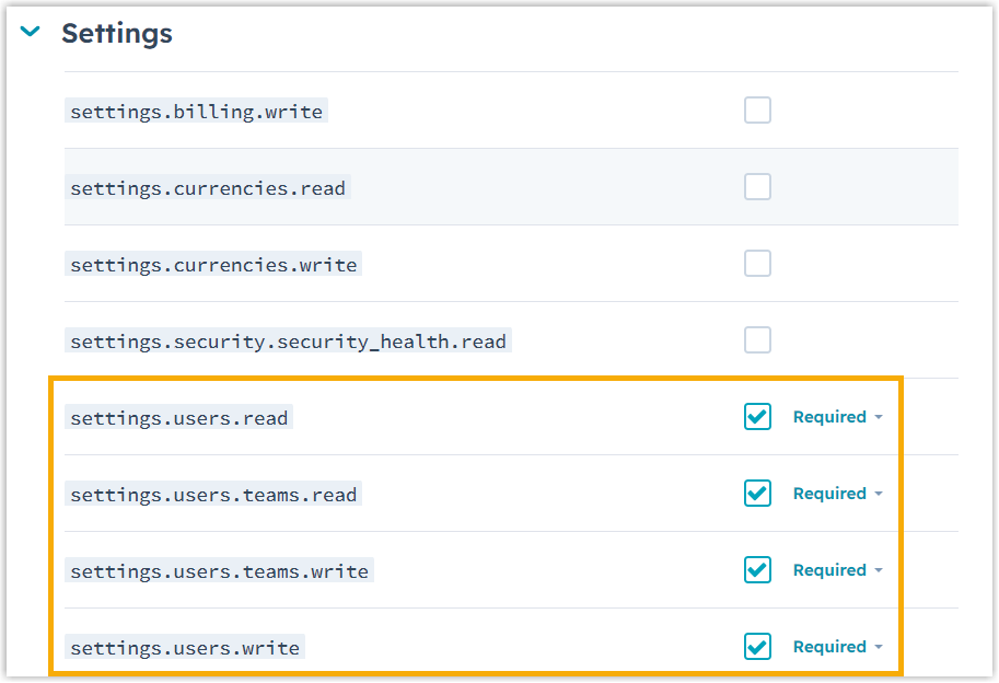 Selected Settings scopes listed in the app authorization settings