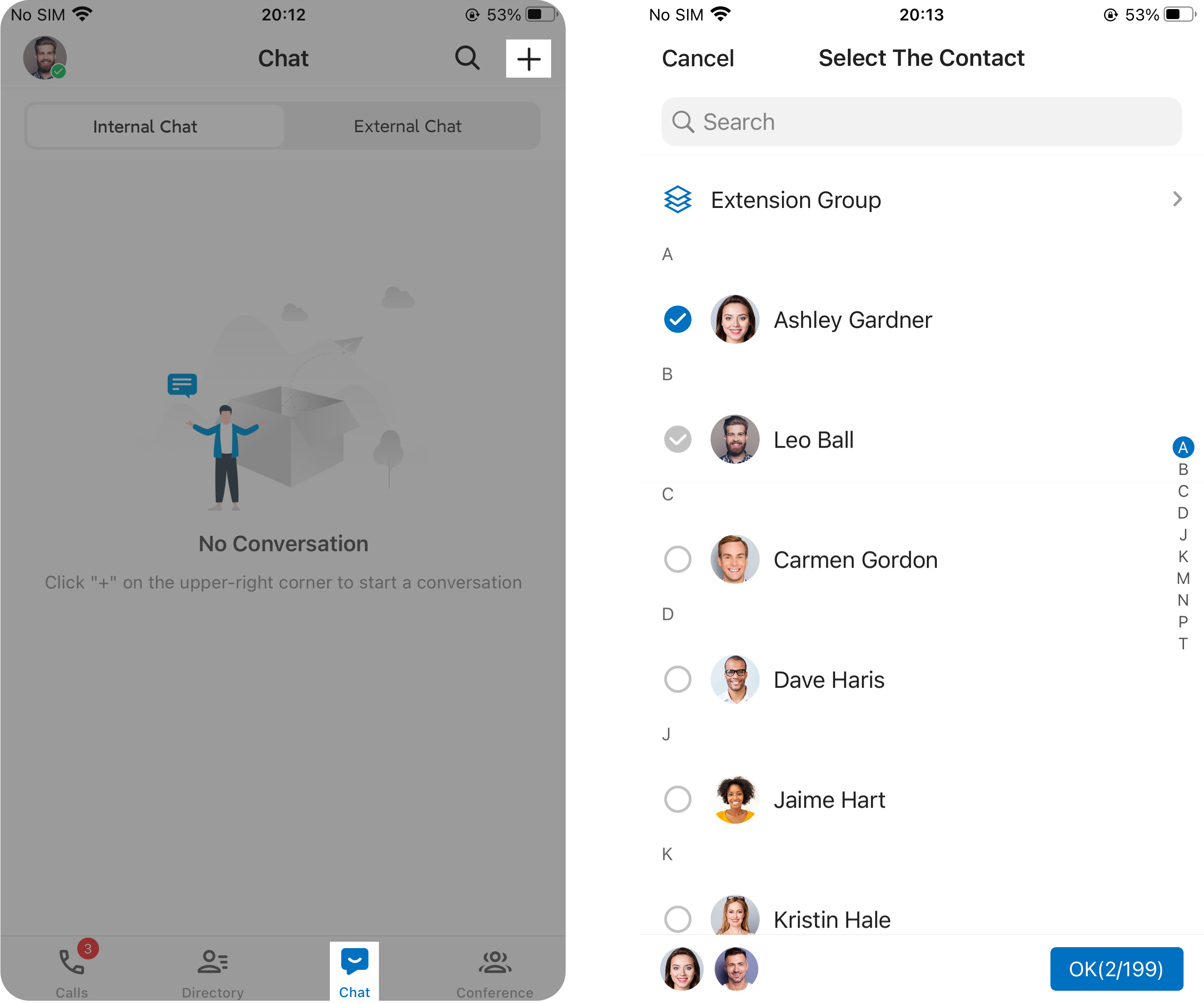 Internal chat view showing a group conversation in the Cloud Voice App