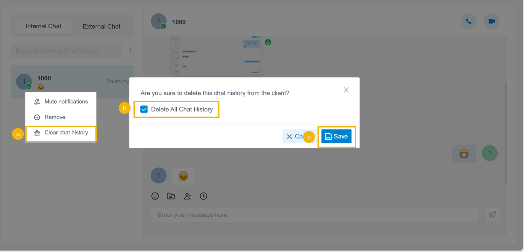 Steps for permanently deleting all chat history for an internal chat session