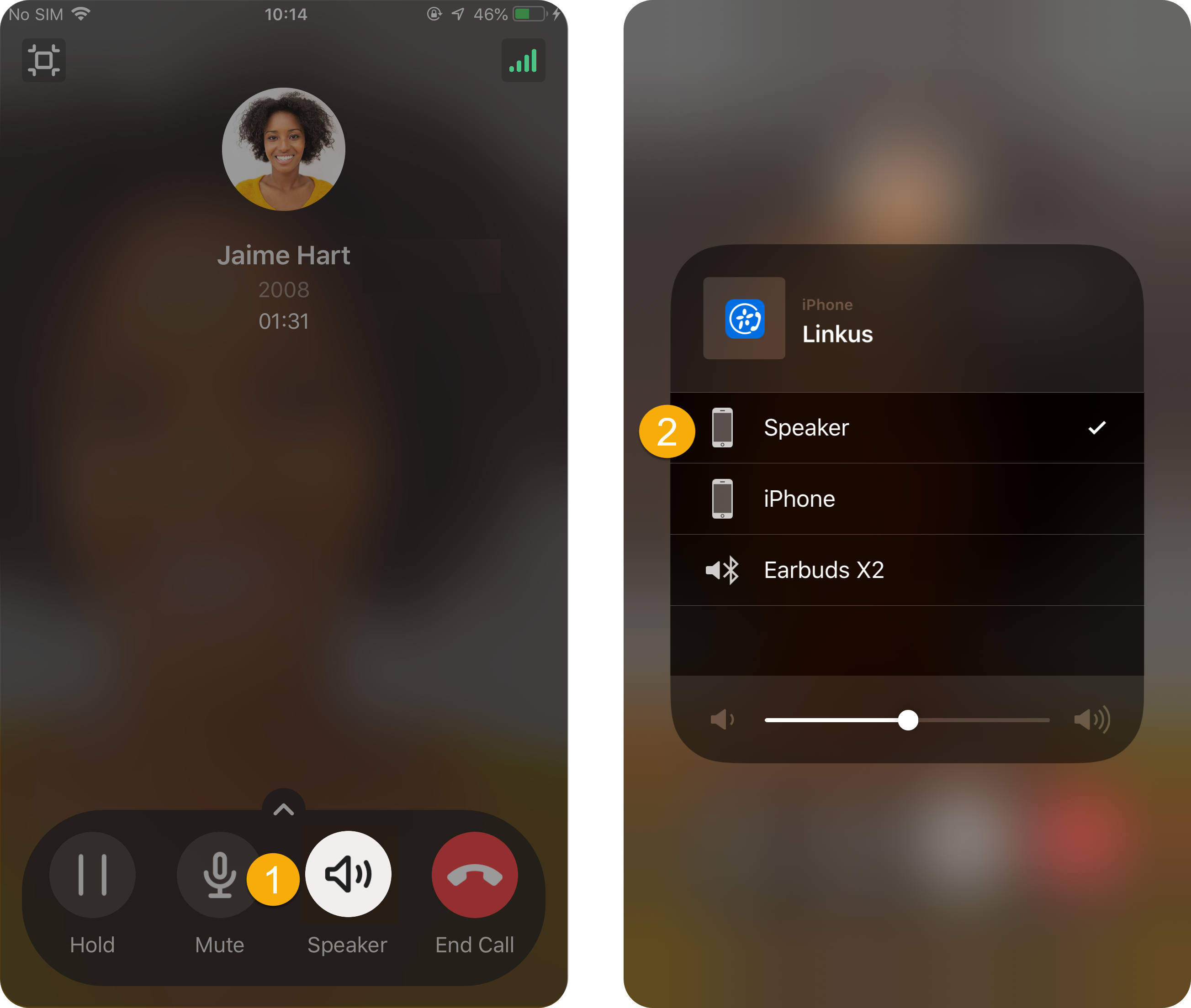 Cloud Voice, the in-call screen with the audio output control that lists the available devices