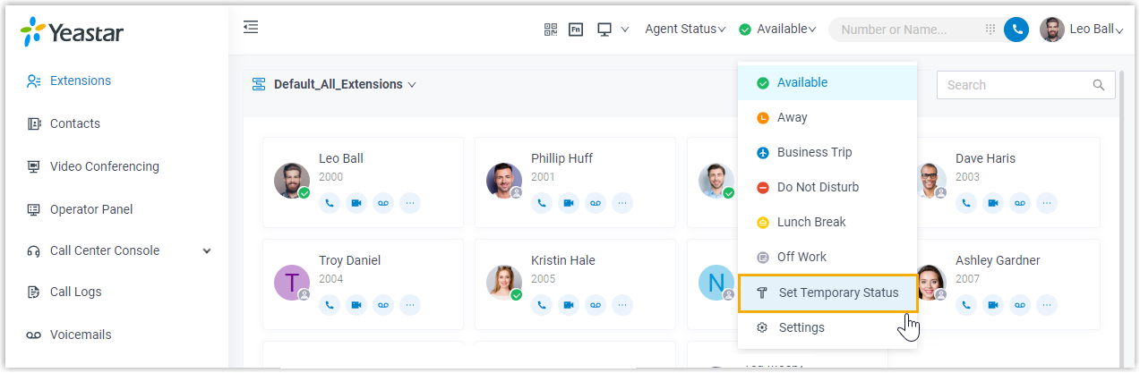 Cloud Voice, the Set Temporary Status option in the presence drop-down