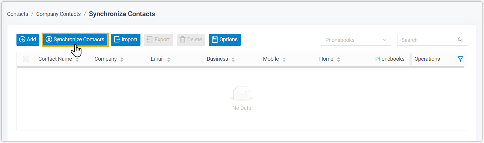 The Synchronize Contacts control above the company contacts list