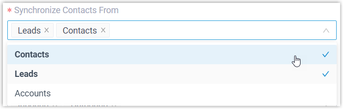 Drop-down list for choosing which Helpdesk contact types to synchronize