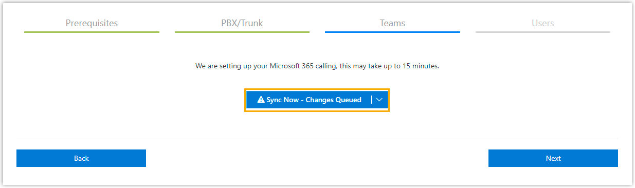 Teams page with the control to synchronize Cloud Voice and Microsoft 365