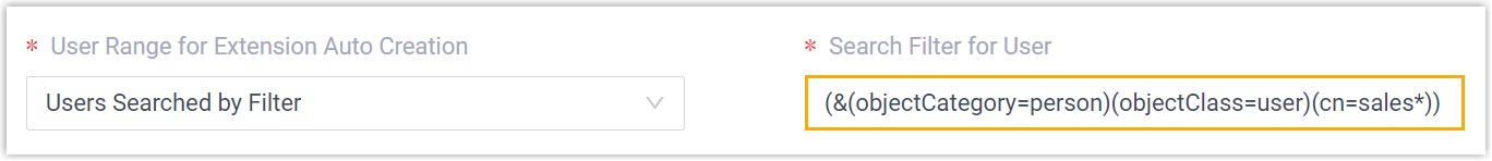 LDAP search filter entered for user synchronization