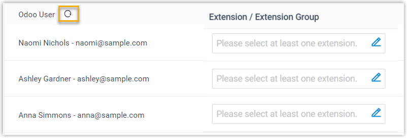 The Odoo user list on the CRM integration page after a refresh