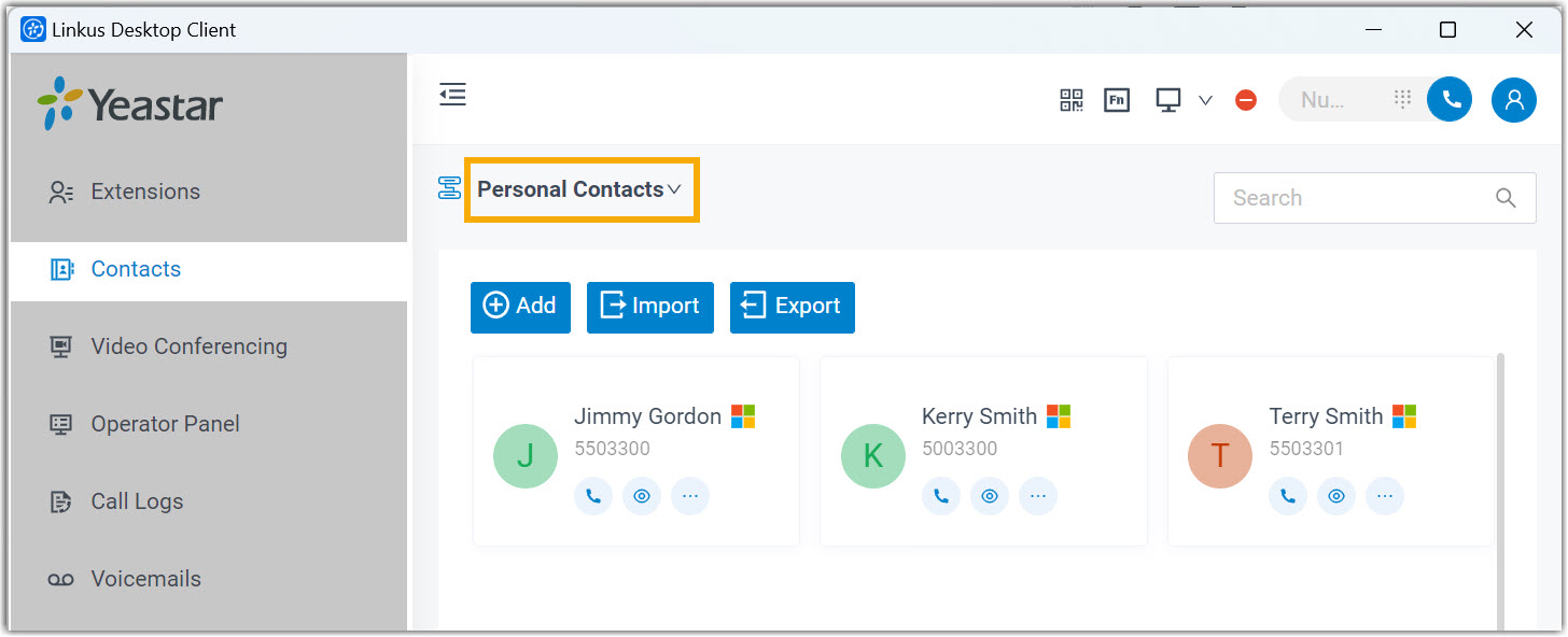 Cloud Voice, synced Outlook contacts shown in the Contacts directory