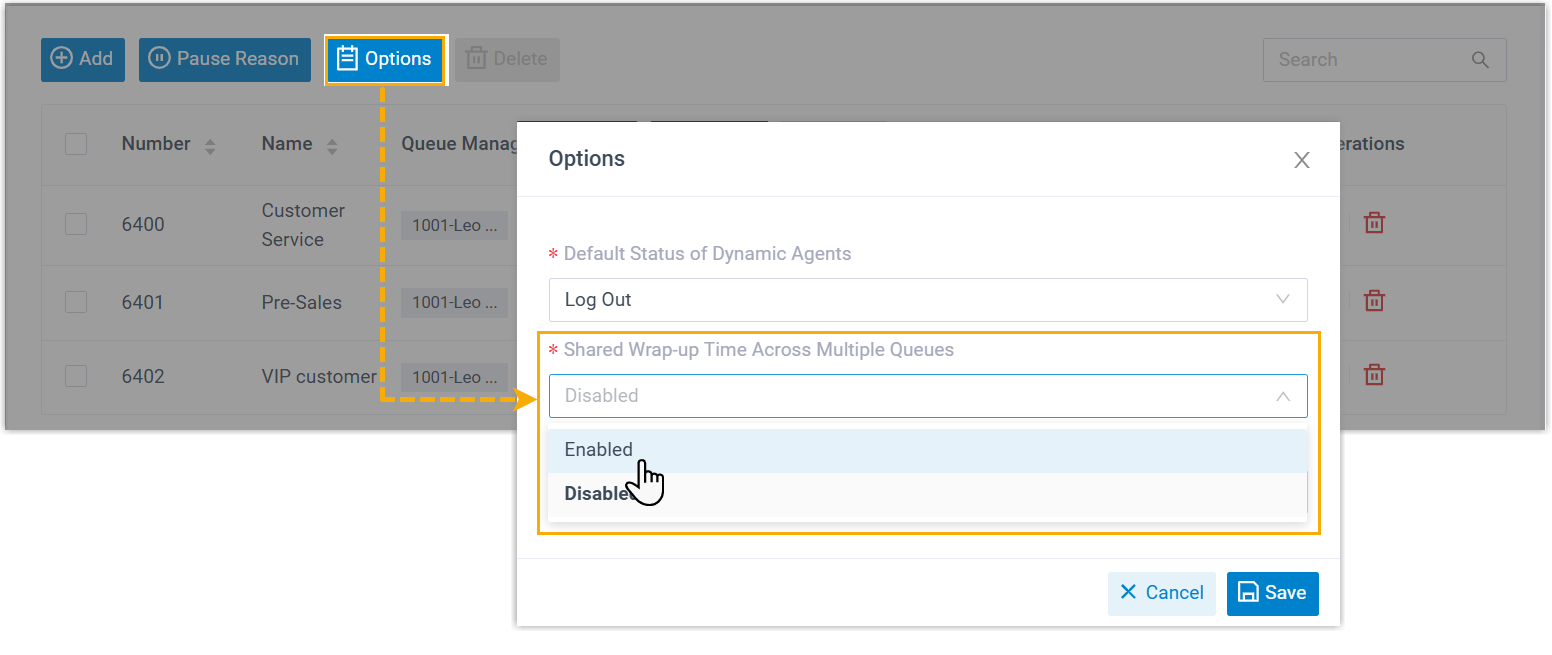Queue options panel with the shared wrap-up time setting switched on