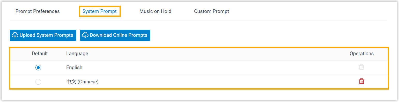 System Prompt language list under Voice Prompt settings