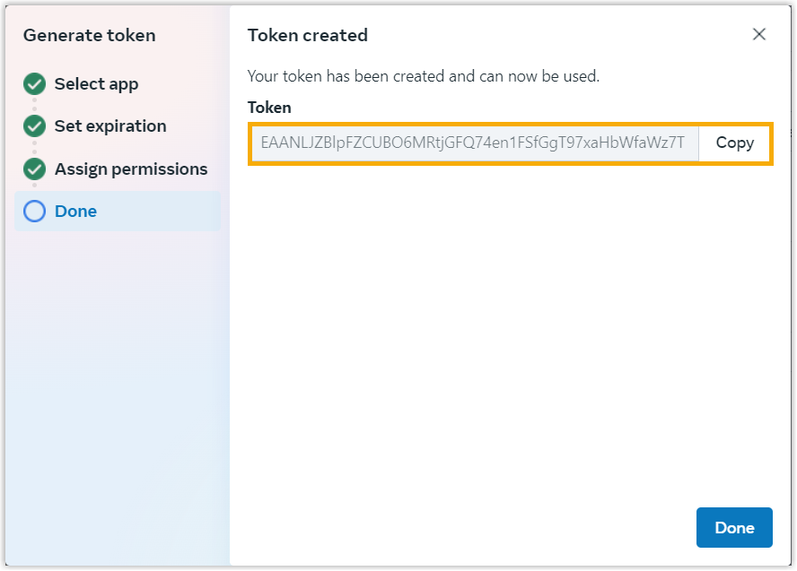 Pop-up window displaying the generated system user access token