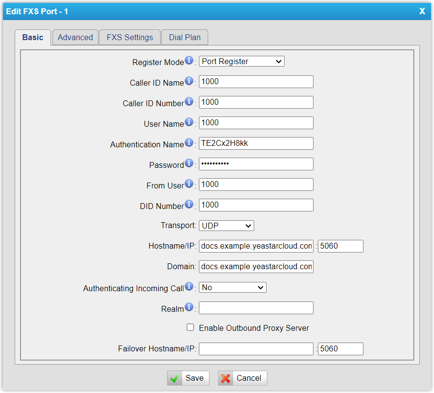 FXS port registration settings on the gateway