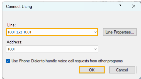 The Line drop-down list in the Phone Dialer connection settings